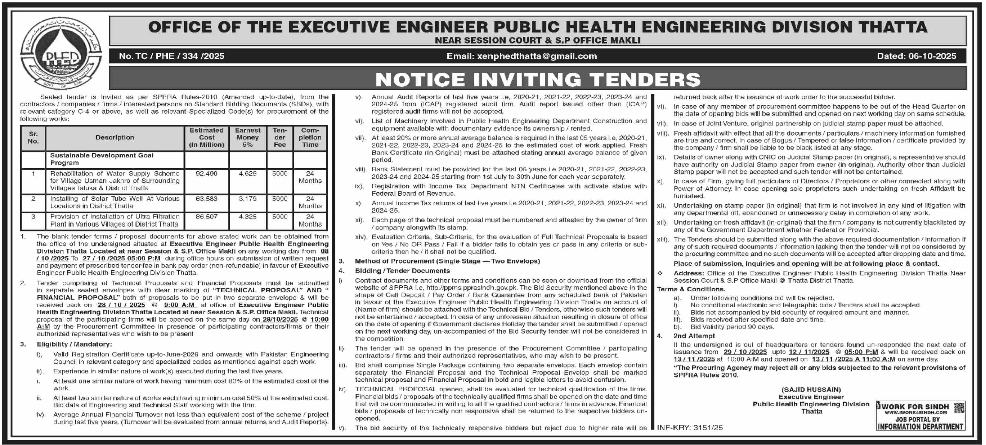 Public Health Engineering Division Thatta Tender Notice